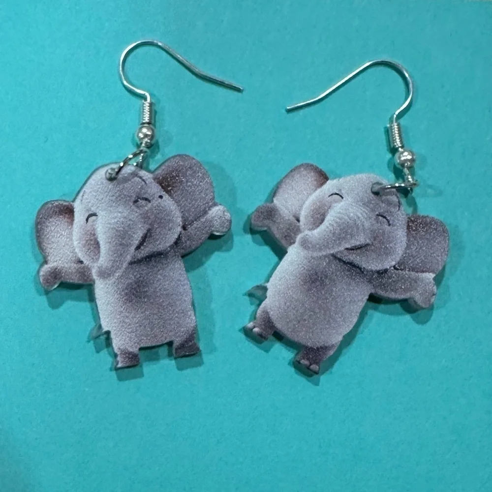 NEW! ELEPHANT Double Side Earrings Gray Dangle Embossed pierced Whimsical NWT